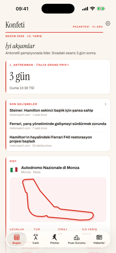 Konfeti uygulamasının Bugün ekranı: geri sayım, son gelişmeler ve Monza pist çizimi